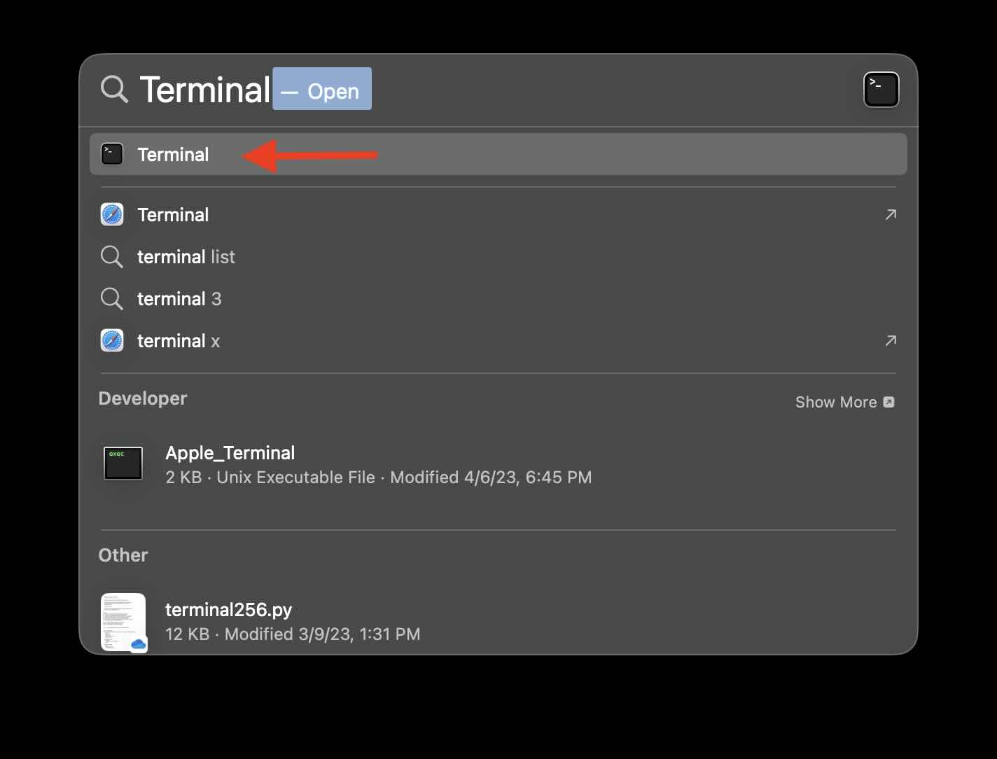 Open Terminal App using Spotlight Search Mac